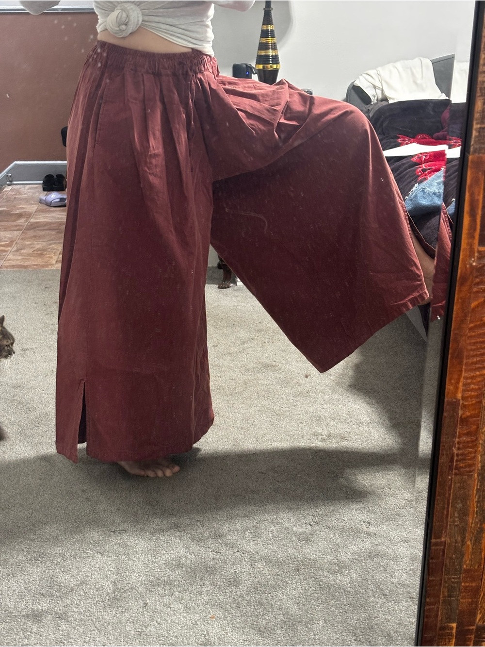 OS, 100% cotton Women's A-Line wide pants in Dusty burgundy with Elastic Waist